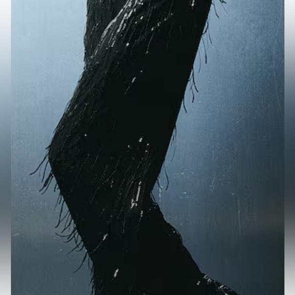 H&M black elastic waist pull on flare sequin fringe pants size Med - Picture 1 of 4